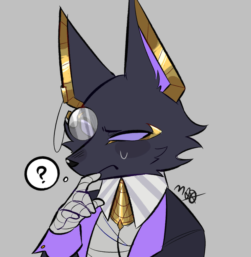 absurd_res anthro anubian_jackal bandage black_body black_clothing black_fur canid canine canis clothed clothing dislyte drew_(dislyte) empty_eyes eyewear fur hi_res jackal lilith_games long_ears male mammal monocle mozibyoziy purple_eyes question_mark simple_background solo