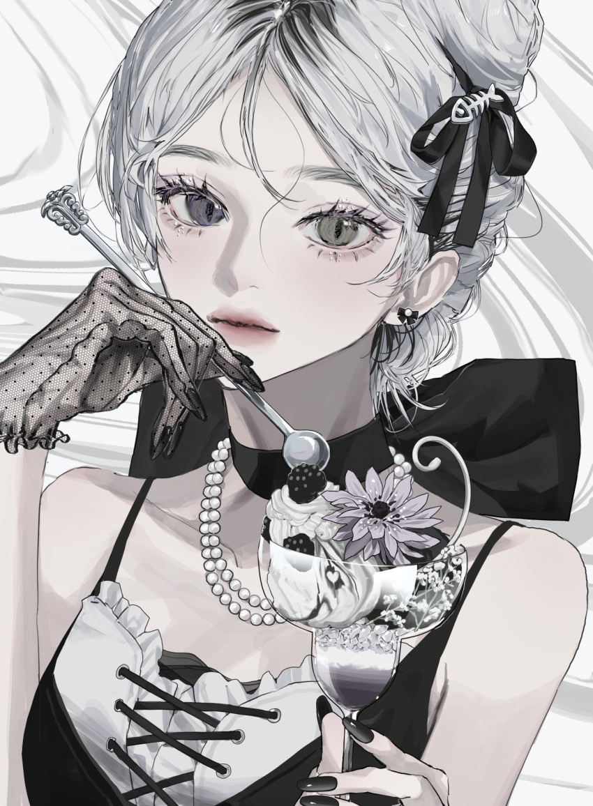 1girl abstract_background bare_shoulders black_gloves black_nails black_ribbon closed_mouth cross-laced_clothes cross-laced_top earrings fish_bone_hair_ornament flower food gloves grey_eyes grey_hair hair_ribbon heterochromia highres holding holding_spoon ice_cream jewelry kirochy lace lace_gloves looking_at_viewer nail_polish necklace original pearl_necklace ribbon single_glove sleeveless slit_pupils solo spaghetti_strap spoon upper_body