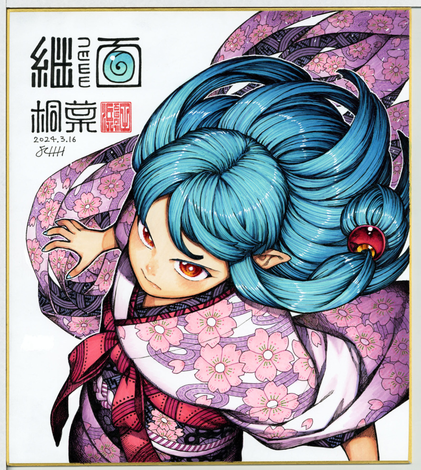 1girl beads blue_hair blue_nails character_name cherry_blossom_print commentary_request copyright_name dated floral_print from_above hair_beads hair_ornament hamada_yoshikazu highres japanese_clothes kimono kiriha_(tsugumomo) long_hair looking_at_viewer looking_up nail_polish obi pointy_ears print_kimono red_eyes sash serious shikishi signature simple_background solo traditional_media tsugumomo white_background