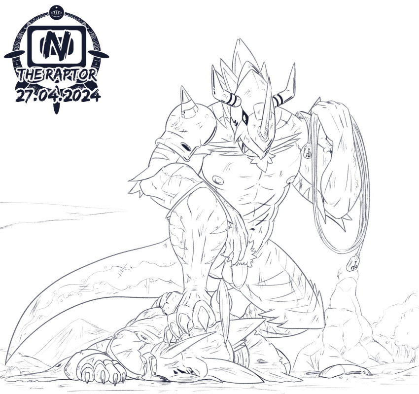 after_fight anthro armor balls bandai_namco battle_damage clothing digimon digimon_(species) duo fight flaccid genitals hackmon headgear helmet hi_res male male/male penis raptornsfw scalie scar torn_clothing wargreymon wounded