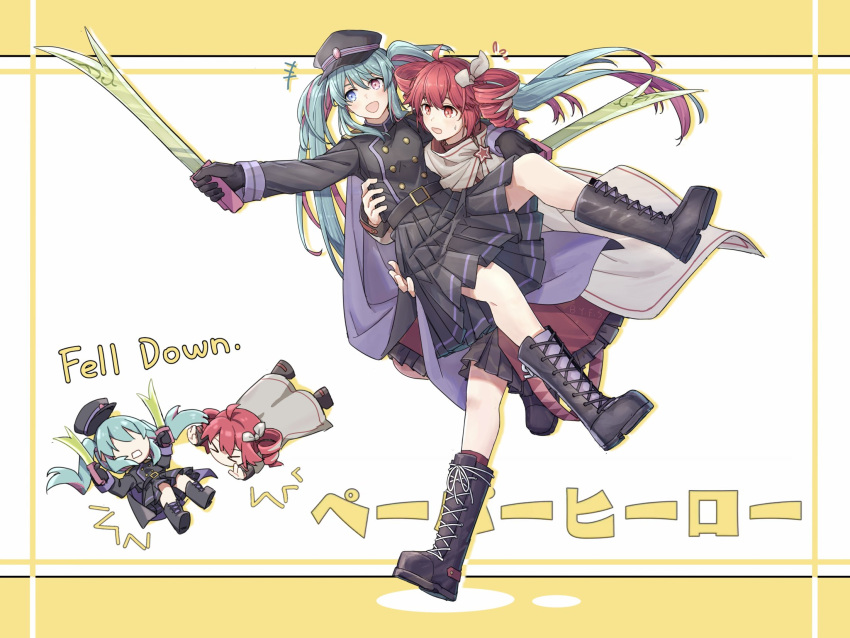 2girls black_cape black_footwear black_gloves black_jacket black_skirt blue_eyes boots bow cape carrying drill_hair dual_wielding frontiersun gloves grey_cloak hair_bow hatsune_miku heterochromia highres holding holding_sword holding_weapon jacket kasane_teto kasane_teto_(sv) multiple_girls open_mouth paper_hero_(vocaloid) pink_eyes pink_hair pleated_skirt princess_carry skirt smile sword synthesizer_v twin_drills utau vocaloid weapon white_bow yuki_miku