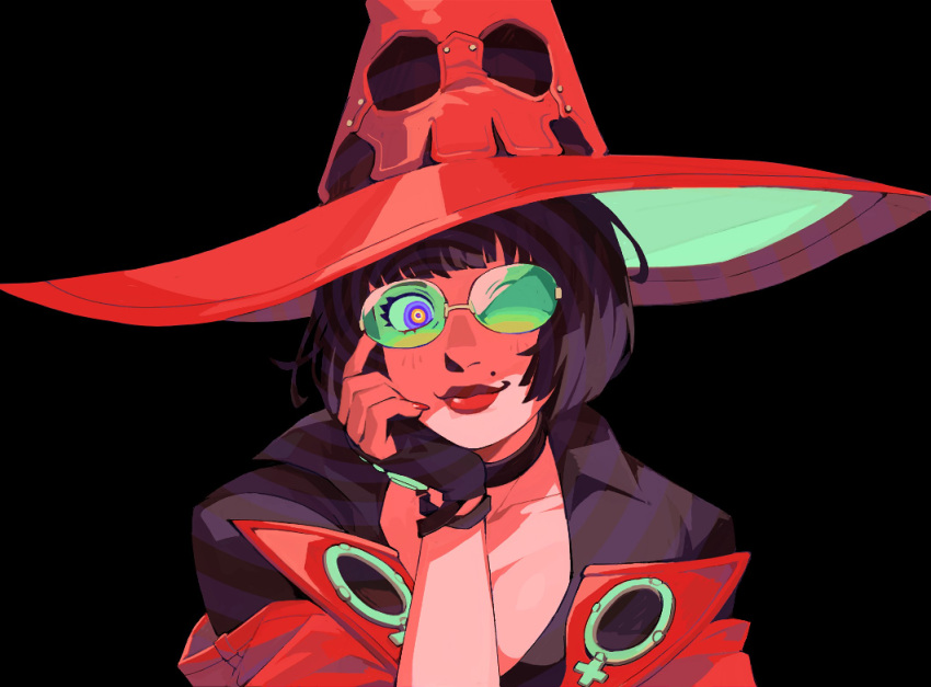 1girl black_background black_gloves black_hair black_shirt cleavage_cutout clothing_cutout commentary empty_eyes english_commentary fingerless_gloves gloves green-tinted_eyewear guilty_gear guilty_gear_strive hat head_rest highres i-no jacket lipstick looking_at_viewer makeup mole purple_eyes red_hat red_jacket shaded_face shirt short_hair simple_background solo sorrysap sunglasses tinted_eyewear upper_body witch_hat