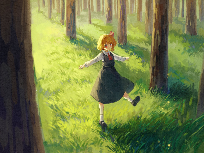 1girl ascot black_footwear black_skirt black_vest blonde_hair commentary day forest ge_dazuo grass highres long_sleeves looking_at_viewer mary_janes nature outdoors red_ascot red_eyes rumia shirt shoes short_hair skirt skirt_set socks solo standing standing_on_one_leg symbol-only_commentary touhou tree vest white_shirt white_socks wide_shot