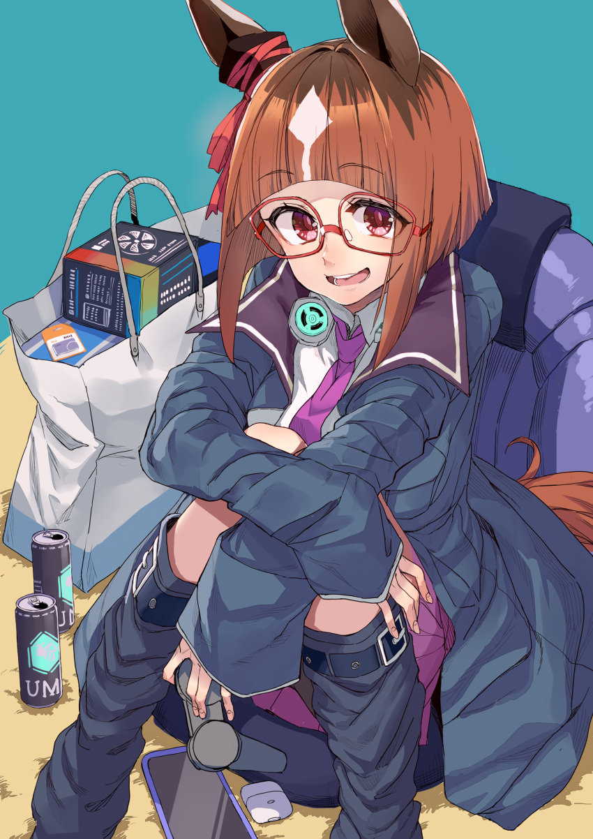 1girl animal_ears bag blue_background blue_jacket brown_hair collared_shirt commentary_request cover cover_page hidori_(hibi_toridori) highres horse_ears horse_girl jacket looking_at_viewer necktie open_mouth purple_necktie red-framed_eyewear red_eyes shirt short_hair simple_background sitting smile textless_version transcend_(umamusume) umamusume white_shirt