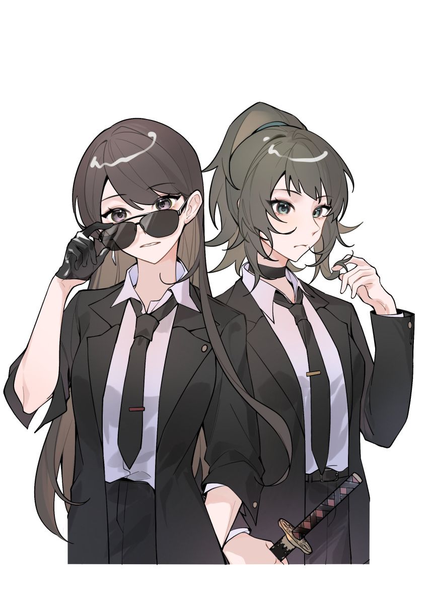 2girls absurdres adjusting_eyewear bang_dream! bang_dream!_it's_mygo!!!!! black_choker black_gloves black_jacket black_necktie black_pants black_suit brown_hair chinese_commentary choker closed_mouth collared_shirt commentary_request commission earrings gloves green_eyes hand_in_own_hair highres holding holding_sword holding_weapon jacket jewelry katana long_hair looking_at_viewer multiple_girls necktie pants parted_lips purple_eyes second-party_source shiina_taki shirt suit sunglasses sword tsumalan weapon white_shirt yahata_umiri