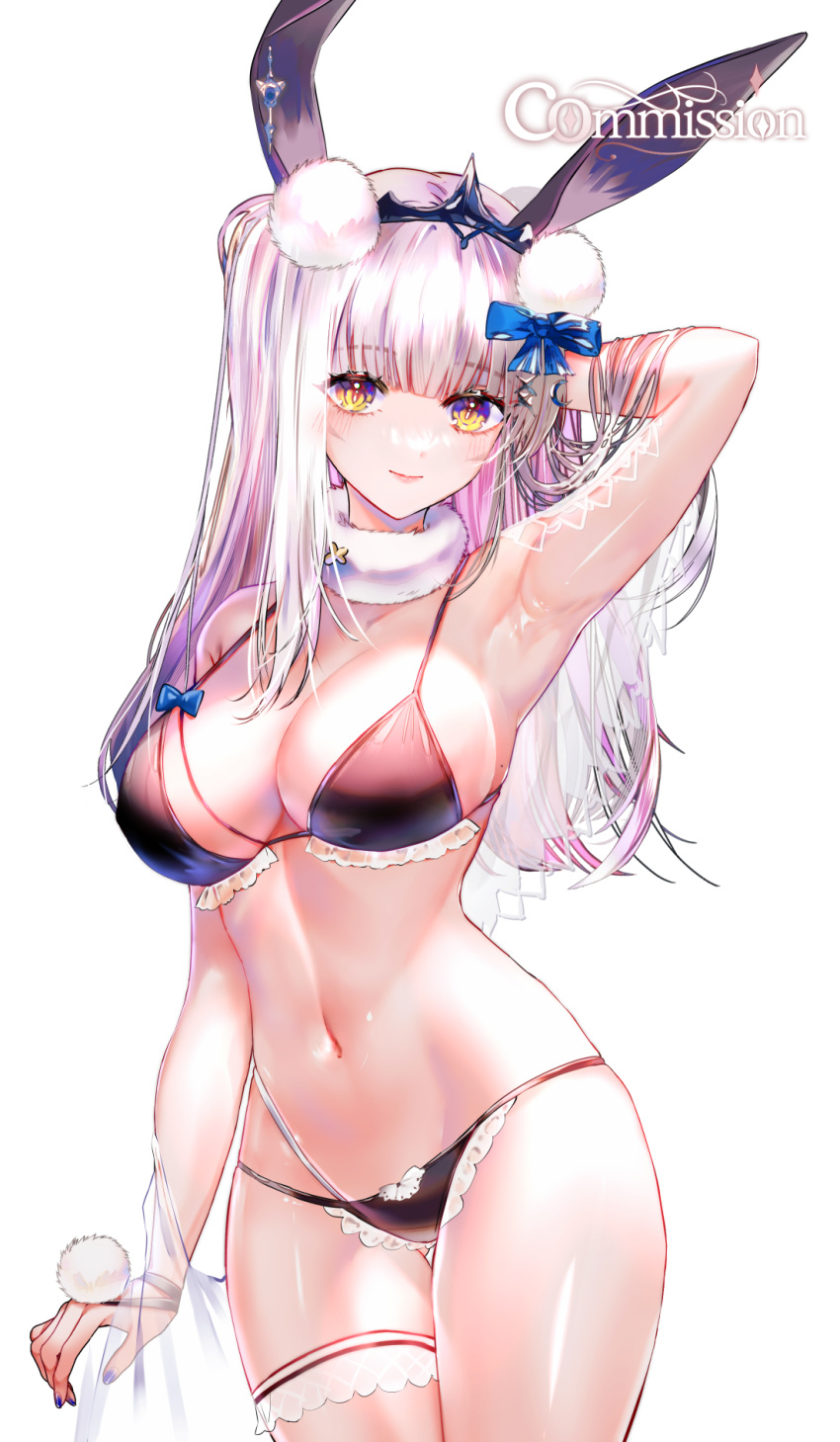 1girl animal_ears arm_behind_head armpits bare_shoulders bikini black_bikini blue_bow bow breasts cleavage closed_mouth commission cowboy_shot english_commentary fur_collar grey_hair hair_bow highres kaavi large_breasts long_hair looking_at_viewer mahjong_soul navel pom_pom_(clothes) rabbit_ears rabbit_girl see-through simple_background smile solo sowon stomach swimsuit thigh_strap white_background yellow_eyes