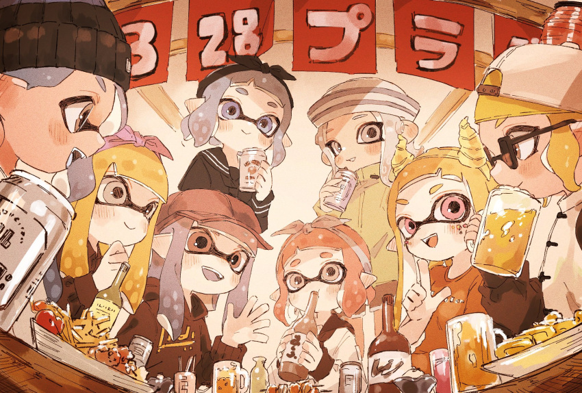 cup drink drinking_glass fake_horns hat highres horns inkling inkling_boy inkling_girl inkling_player_character multiple_boys multiple_girls octoling octoling_girl octoling_player_character party plum0o0 ribbon splatoon_(series) splatoon_2 splatoon_3 suction_cups tentacle_hair