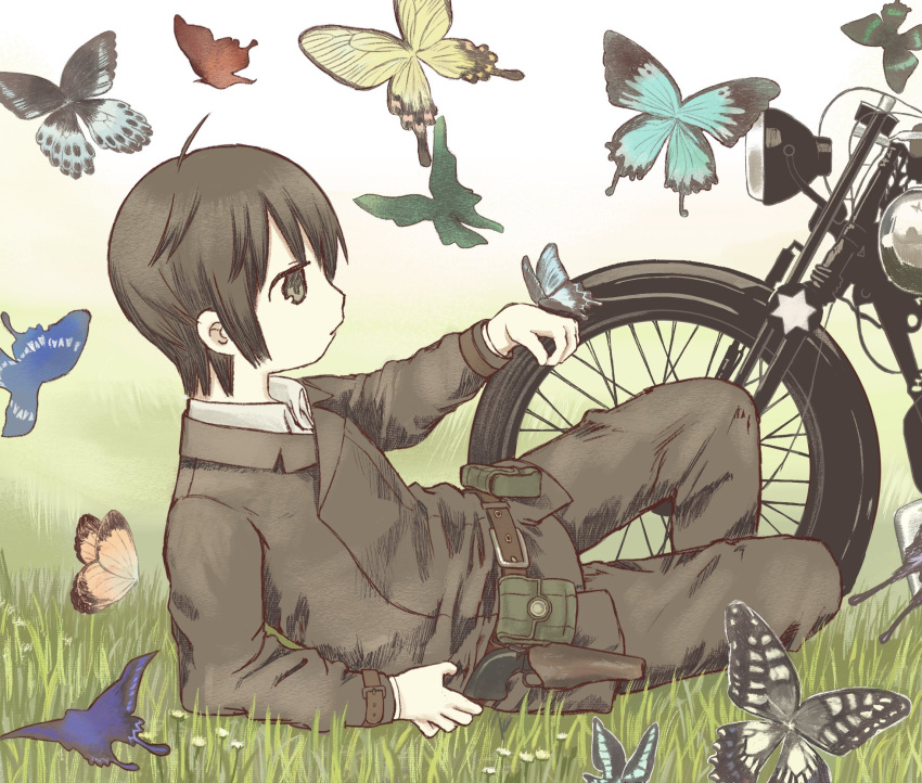 1boy belt belt_pouch brown_belt brown_eyes brown_hair brown_jacket brown_pants bug butterfly butterfly_on_hand day full_body grass gun hand_up highres holstered jacket long_sleeves lying male_focus military_uniform motor_vehicle motorcycle on_grass on_ground original outdoors pants pouch shiromomo_sofuto short_hair solo uniform weapon