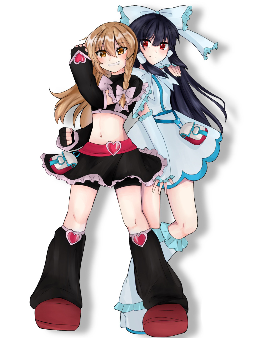 2girls alternate_costume arm_warmers bike_shorts bike_shorts_under_skirt black_hair blonde_hair blush bow commentary_request cosplay cure_black cure_black_(cosplay) cure_black_pose cure_white cure_white_(cosplay) cure_white_pose dress fingerless_gloves frilled_bow frills futari_wa_precure gloves grin hair_bow hair_tubes hakurei_reimu heart heart_belt highres kirisame_marisa leg_warmers long_hair magical_girl midriff miniskirt momo_ga_suki_desu multiple_girls navel orange_eyes precure red_eyes shorts shorts_under_skirt skirt smile touhou very_long_hair