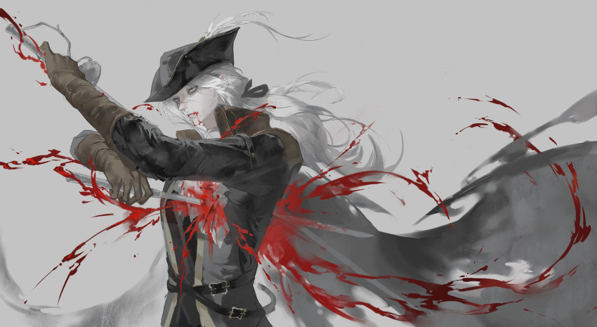 1girl ascot blood blood_on_clothes blood_stain bloodborne double-blade gem hat hat_feather highres jiao_chang lady_maria_of_the_astral_clocktower rakuyo_(bloodborne) solo tricorne weapon white_ascot white_hair