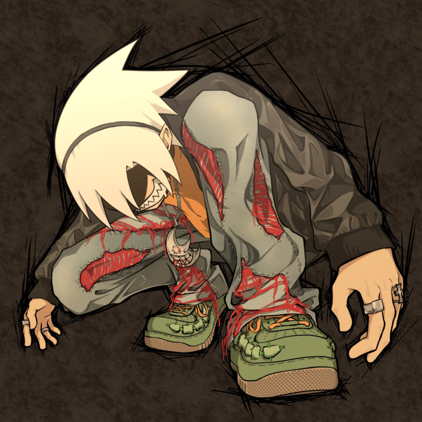 1boy black_jacket blood blood_from_mouth crescent_moon denim eyes_in_shadow green_footwear highres jacket jeans jewelry keeeey moon moon_with_face multiple_rings necklace pants ring saliva sharp_teeth shoes sneakers soul_eater soul_evans squatting teeth torn_clothes torn_pants white_hair