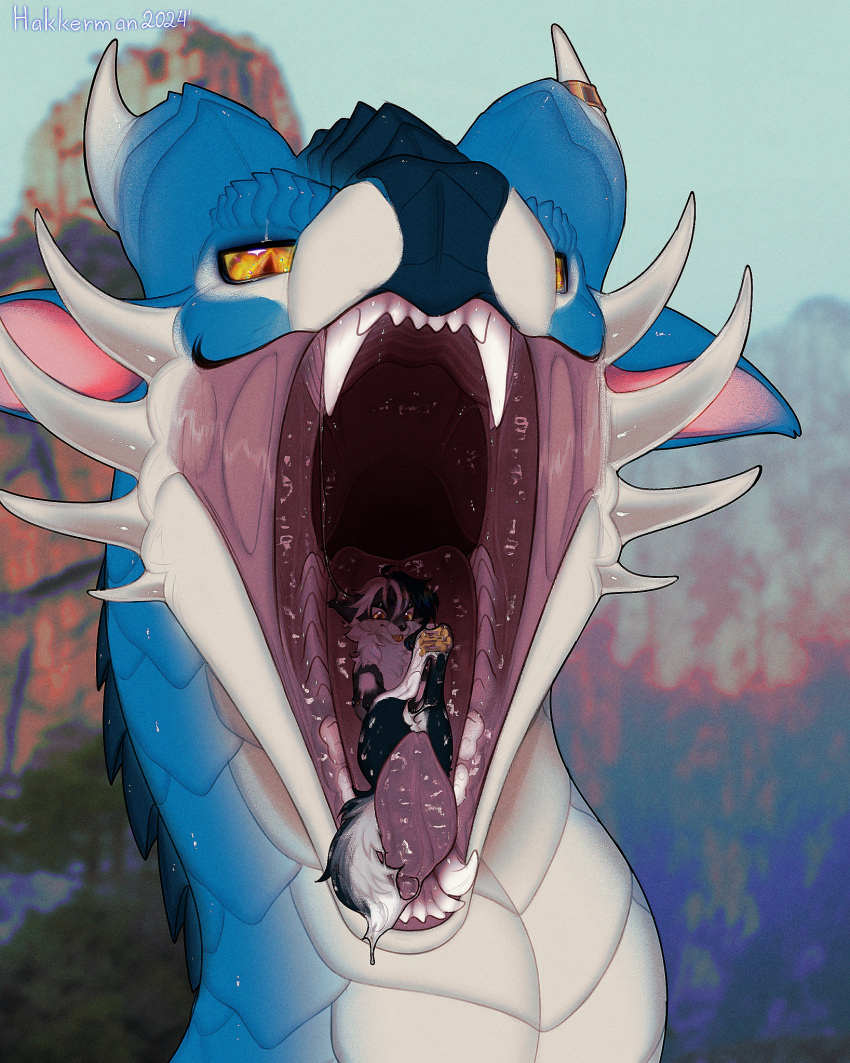 blue_body bodily_fluids canid canine dragon duo feral hakkerman hi_res horn horn_jewelry horn_ring jewelry lu_(luamir) male mammal mouth_shot mythological_creature mythological_scalie mythology open_mouth predator/prey ring_(jewelry) saliva scalie teeth tongue vore yellow_eyes