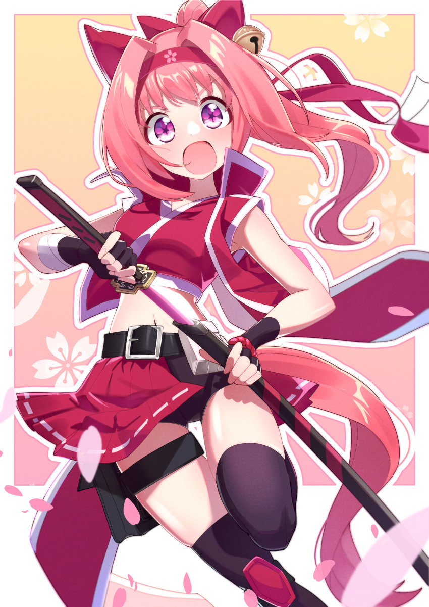 1girl absurdres animal_ears belt bike_shorts blush drawing_sword freely2327 haru_urara_(umamusume) headband highres holding holding_sword holding_weapon horse_ears horse_girl horse_tail katana looking_at_viewer midriff navel open_mouth petals pink_eyes pink_hair simple_background solo sword tail thighhighs umamusume weapon