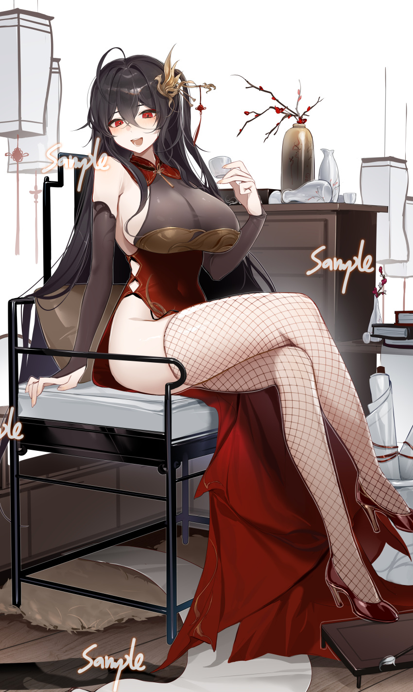 1girl absurdres ahoge azur_lane bare_shoulders black_hair breasts bridal_gauntlets china_dress chinese_clothes cleavage commission covered_navel crossed_legs dress fishnet_thighhighs fishnets garter_straps hair_between_eyes hair_ornament hairpin high_heels highres large_breasts legs long_hair looking_at_viewer mole mole_under_eye no_panties official_alternate_costume one_side_up open_mouth pelvic_curtain red_dress red_eyes red_footwear see-through see-through_cleavage shibuya_(kurokamishain) sideboob sitting sleeveless sleeveless_dress smile solo taihou_(azur_lane) taihou_(phoenix's_spring_song)_(azur_lane) thighhighs thighs very_long_hair