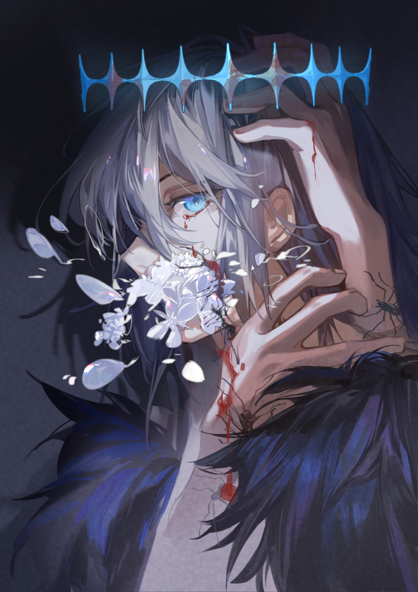 1boy black_hair blood blood_from_eyes blood_on_hands blue_eyes bug centipede cloak crown crying crying_with_eyes_open diamond_hairband fate/grand_order fate_(series) flower fur-trimmed_cloak fur_trim highres looking_at_viewer male_focus medium_hair oberon_(fate) oberon_(third_ascension)_(fate) official_alternate_hair_color portrait solo tears user_huxs2223 white_flower