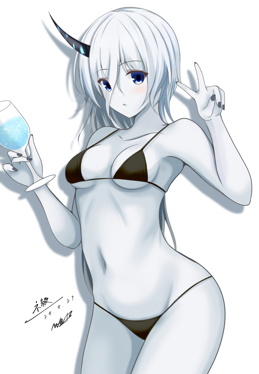1girl abataa absurdres abyssal_ship alternate_costume bikini black_bikini black_nails blue_eyes breasts collarbone colored_skin cowboy_shot cup drinking_glass hair_between_eyes highres holding holding_cup horns kantai_collection long_hair medium_breasts navel ne-class_heavy_cruiser single_horn solo standing swimsuit translation_request v very_long_hair white_background white_hair white_skin