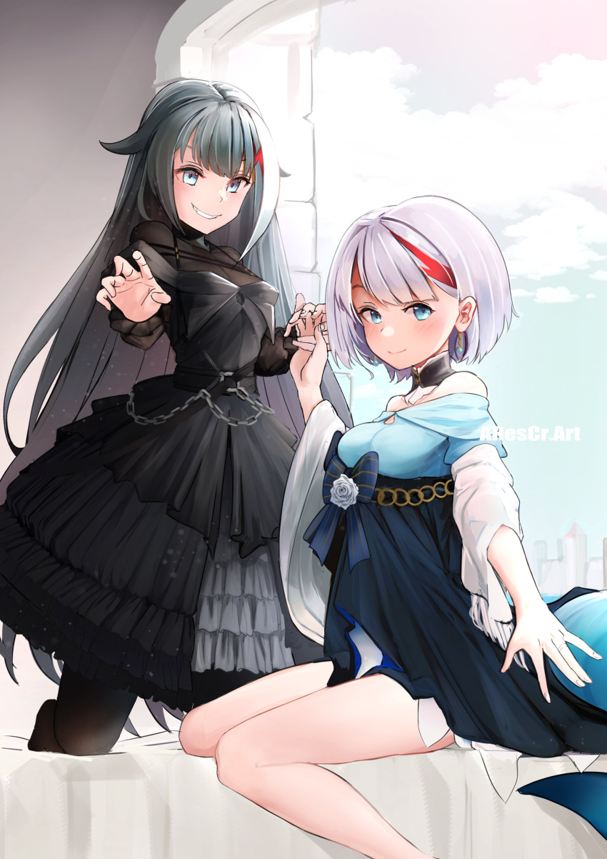 2girls absurdres admiral_graf_spee_(a_novel_anniversary)_(azur_lane) admiral_graf_spee_(azur_lane) arescr azur_lane bare_shoulders black_choker black_dress black_hair black_pantyhose blue_bow blue_dress blue_eyes bob_cut bow breasts chain choker cleavage collarbone deutschland_(azur_lane) deutschland_(demon_princess'_dark_hour_banquet)_(azur_lane) dress dress_bow earrings fins fish_tail flower frilled_dress frills gothic_lolita hair_flaps highres holding_hands jewelry lolita_fashion long_hair long_sleeves looking_at_viewer medium_breasts multicolored_hair multiple_girls official_alternate_costume pantyhose puffy_long_sleeves puffy_sleeves rose shark_tail shawl short_hair sidelocks simple_background strapless strapless_dress streaked_hair tail two-tone_dress white_flower white_hair white_rose