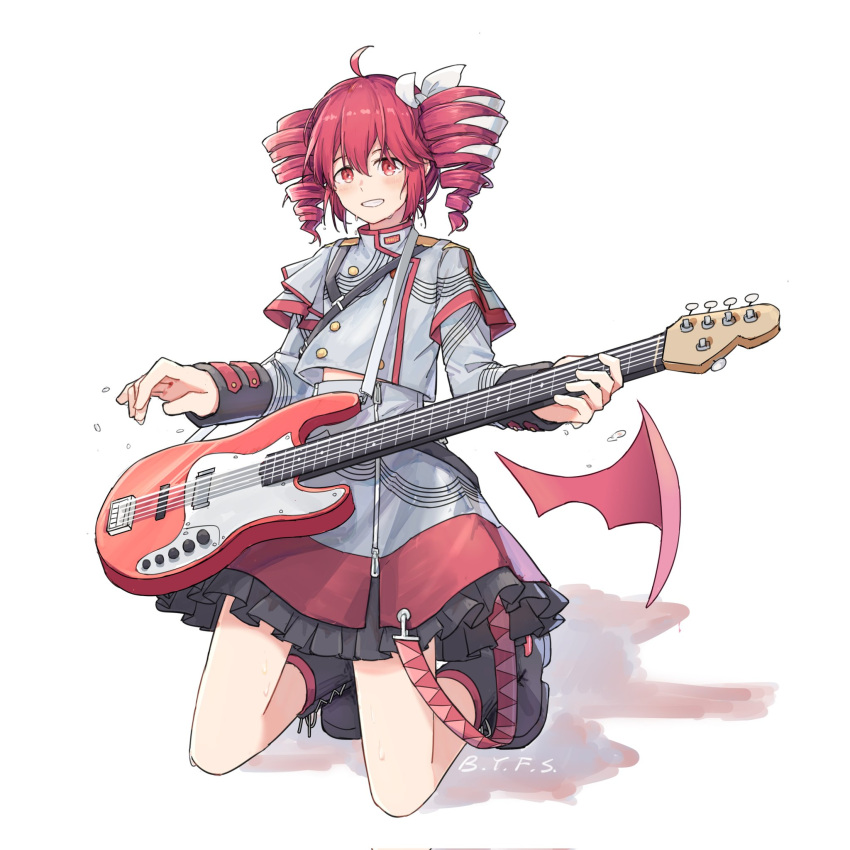 1girl ahoge black_footwear boots drill_hair electric_guitar frilled_skirt frills frontiersun grey_jacket grey_skirt grin guitar highres holding holding_instrument instrument jacket kasane_teto kasane_teto_(sv) kneeling long_sleeves looking_at_viewer multicolored_hair pink_eyes pink_hair simple_background skirt smile solo streaked_hair synthesizer_v twin_drills utau white_background