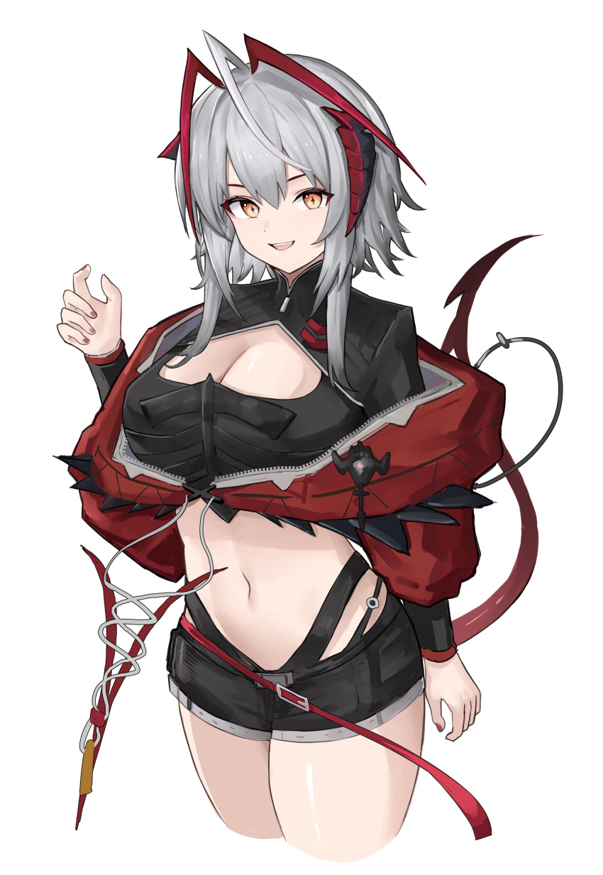 1girl :d absurdres ahoge antennae arknights black_shirt black_shorts breasts cleavage commentary crop_top cropped_legs grey_hair hand_up highres horns jacket large_breasts long_sleeves looking_at_viewer midriff navel open_mouth rain_(rain8649) red_jacket shirt short_hair shorts simple_background smile solo standing stomach thighs w_(arknights) white_background wis'adel_(arknights) yellow_eyes