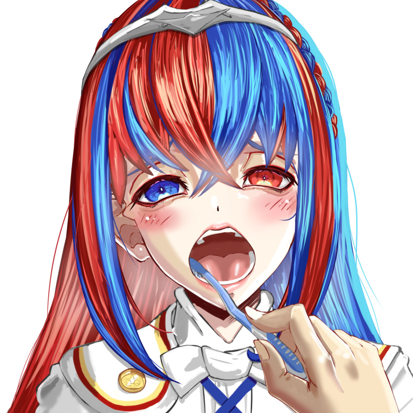 alboeire alear_(female)_(fire_emblem) alear_(fire_emblem) blue_eyes blue_hair braid brushing_teeth crossed_bangs crown_braid fire_emblem fire_emblem_engage heterochromia highres multicolored_hair red_eyes red_hair split-color_hair tiara two-tone_hair