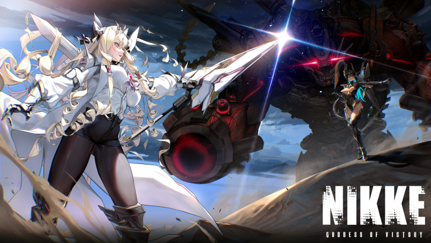 1other 2girls armor battle blonde_hair blue_eyes chatterbox_(nikke) crown_(nikke) fighting_stance fishnets goddess_of_victory:_nikke highres indivilia_(nikke) logo multiple_girls pinkmill polearm rapture_(nikke) red_eyes shirt spear twisted_hair weapon white_shirt