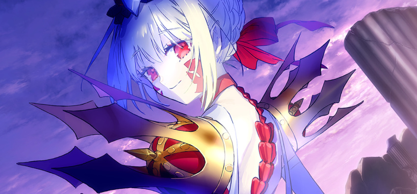 1girl blonde_hair braid crown elbow_gloves facial_mark fate/grand_order fate_(series) game_cg gloves gold_crown hair_bun nero_claudius_(fate) official_art pointed_crown purple_sky queen_draco_(fate) queen_draco_(second_ascension)_(fate) red_eyes sky smile spiked_pauldrons wada_arco white_gloves