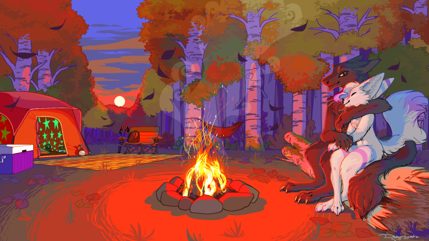 2024 aesprite_(artwork) aliasing amazing_background anthro arm_around_another arm_around_shoulders black_nose blue_body blue_fur brown_body brown_fur camp_chair campfire camping canid canine claws cloud cooler detailed detailed_background digital_drawing_(artwork) digital_media_(artwork) digitigrade disco_ball duo dyyrlysh embrace eyes_closed fennec_fox finger_claws fire fox fur grass grey_body grey_eyes grey_fur hair hammock hi_res hindpaw leaf log male male/male mammal nude outside paws pink_claws plant pupils purple_body purple_fur rock romantic romantic_couple sergal shaded sitting sitting_on_log sky slit_pupils smile snout sun sunset tail tail_tuft tent toe_claws tree true_fox tuft walking_stick whisker_spots white_body white_fur wood