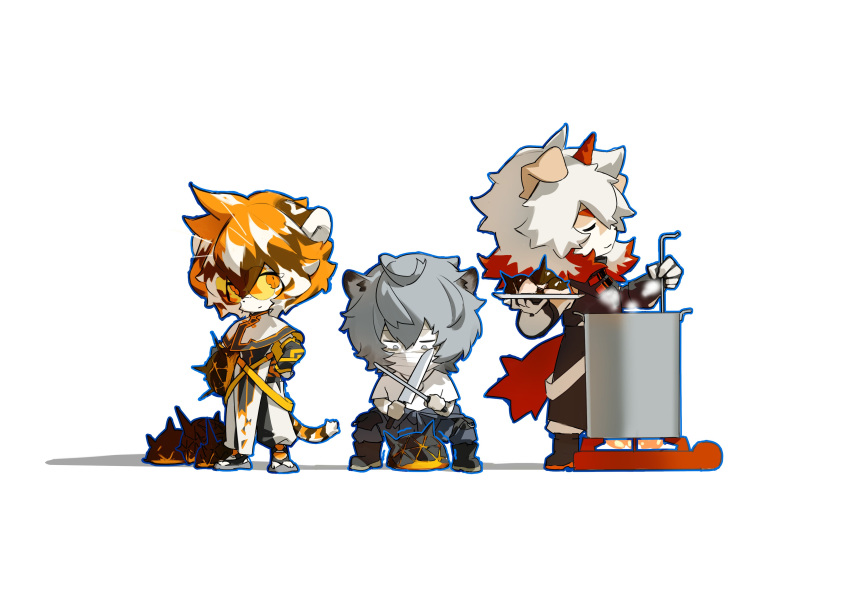 2boys absurdres animal animal_ears arknights bear_boy bear_ears chibi closed_eyes colored_tips cooking cooking_pot english_commentary furry furry_female furry_male highres holding holding_animal holding_knife holding_ladle holding_plate horns hung_(arknights) jaye_(arknights) knife komainu_boy komainu_ears komainu_tail kou_zhua ladle male_focus multicolored_hair multiple_boys originium_slug_(arknights) plate profile round_eyewear single_horn tail tiger_ears tiger_girl tiger_stripes tiger_tail waai_fu_(arknights) white_background