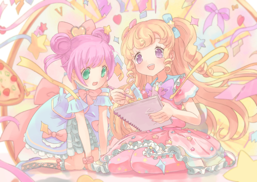 2girls :d ahoge arm_support blonde_hair blue_bow bow clock commentary detached_sleeves double_bun dress english_commentary frilled_dress frills full_body green_eyes hair_bow hair_bun holding holding_notebook holding_pencil idol_clothes idol_time_pripara leaning_forward long_hair looking_down manaka_laala manaka_laala_(young) multiple_girls notebook open_mouth pencil pink_bow pink_dress pretty_series pripara purple_eyes purple_hair ruru_ashihara short_hair short_sleeves sitting smile star_(symbol) two_side_up yumekawa_yui
