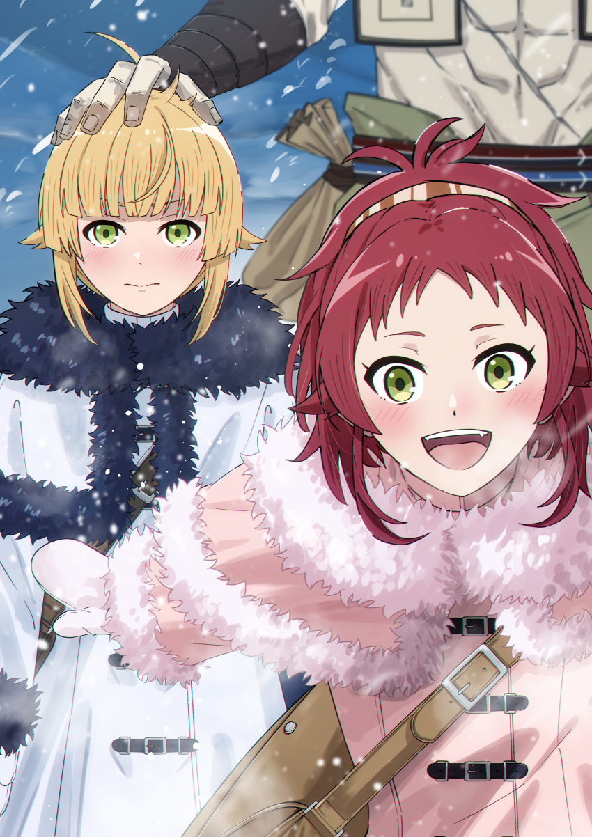 1boy 2girls abs absurdres aisha_greyrat anju_(artist) blonde_hair brown_hairband capelet coat gloves green_eyes hairband headpat highres multiple_girls mushoku_tensei norn_greyrat outdoors pink_coat red_hair ruijerd_superdia snowing white_capelet white_gloves winter_clothes winter_coat