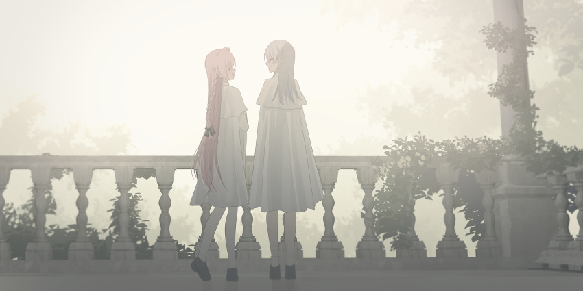 2girls :d ^_^ black_bow black_footwear bow braid chihuri closed_eyes commentary_request ende_(chihuri) facing_another from_behind grey_hair hair_between_eyes hair_bow hair_intakes highres jacket long_hair looking_at_another multiple_girls nea_(chihuri) original pantyhose pink_hair plant profile shoes smile socks standing sunlight very_long_hair white_jacket white_pantyhose white_socks