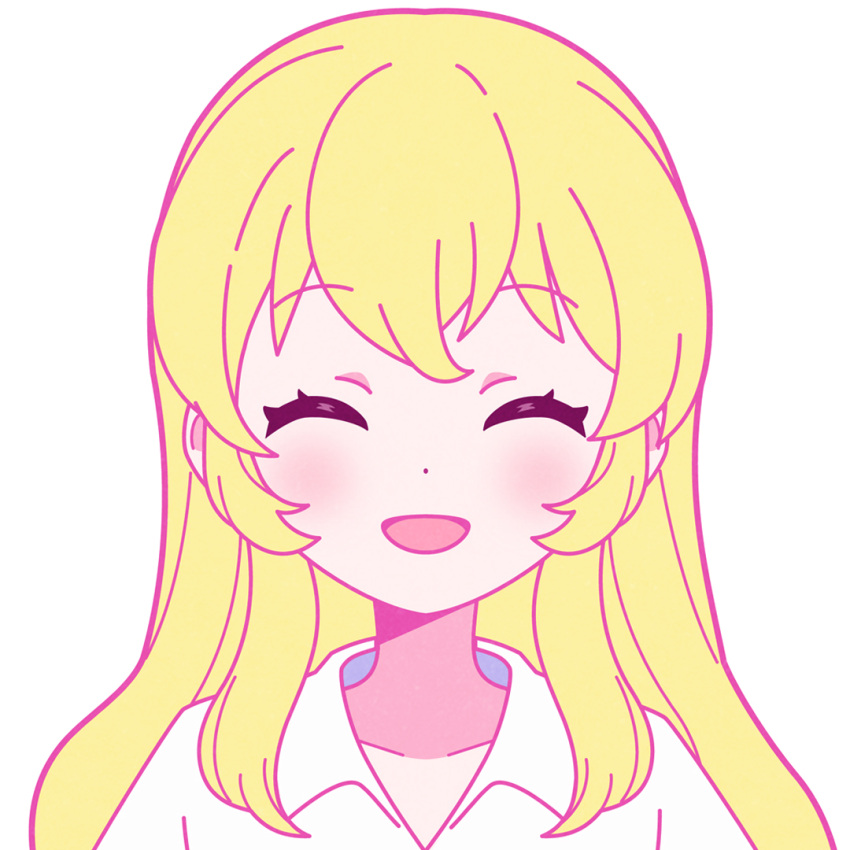 1girl :d ^_^ aikatsu! aikatsu!_(series) bad_id bad_twitter_id blonde_hair closed_eyes collared_shirt commentary_request facing_viewer hoshimiya_ichigo long_hair nekomachi_nao open_mouth shirt simple_background smile solo upper_body white_background white_shirt