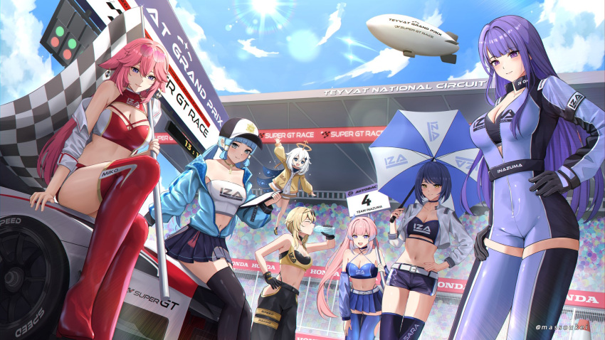 6+girls :d aircraft bandeau bare_arms bare_shoulders baseball_cap black_pants black_skirt black_thighhighs blonde_hair blue_eyes blue_hair blue_jacket blue_sky blunt_bangs boots breasts checkered_flag choker cleavage closed_eyes clothes_writing cloud commentary crop_top day dirigible flag genshin_impact hair_tubes hat highres holding holding_flag honda jacket kamisato_ayaka kujou_sara large_breasts long_hair looking_at_viewer lumine_(genshin_impact) massoukei midriff miniskirt multiple_girls navel off_shoulder open_mouth outdoors paimon_(genshin_impact) pants pink_hair pleated_skirt purple_eyes raiden_shogun red_footwear sangonomiya_kokomi sidelocks sitting skirt sky smile stomach strapless thigh_boots thighhighs thighs tube_top very_long_hair white_hair yae_miko yellow_jacket