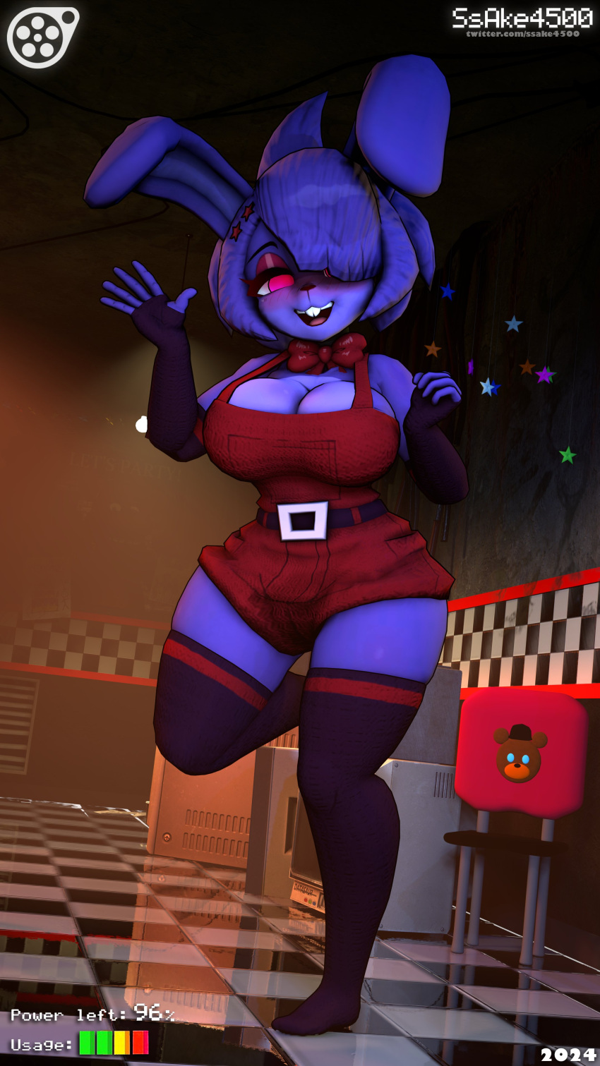 absurd_res anthro big_breasts blush bonnie_(cally3d) bonnie_(fnaf) bow_ribbon breasts buckteeth checkered checkered_floor clothed clothing eyeshadow female five_nights_at_freddy's fredina's_nightclub hi_res lagomorph legwear leporid makeup mammal open_mouth pink_eyes rabbit scottgames solo ssake4500 teeth thigh_highs