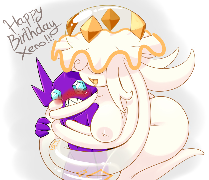 areola birthday blush blush_lines breasts brown_text butt claws clenched_teeth cnidarian digital_media_(artwork) exclamation_point finger_claws gem gem_eyes generation_3_pokemon generation_7_pokemon hi_res hug jellyfish latiar lips marine medusozoan nihilego nintendo nipples open_mouth open_smile pokemon pokemon_(species) pseudo_hair purple_body sableye smile teeth tentacles text tongue translucent translucent_body ultra_beast white_body