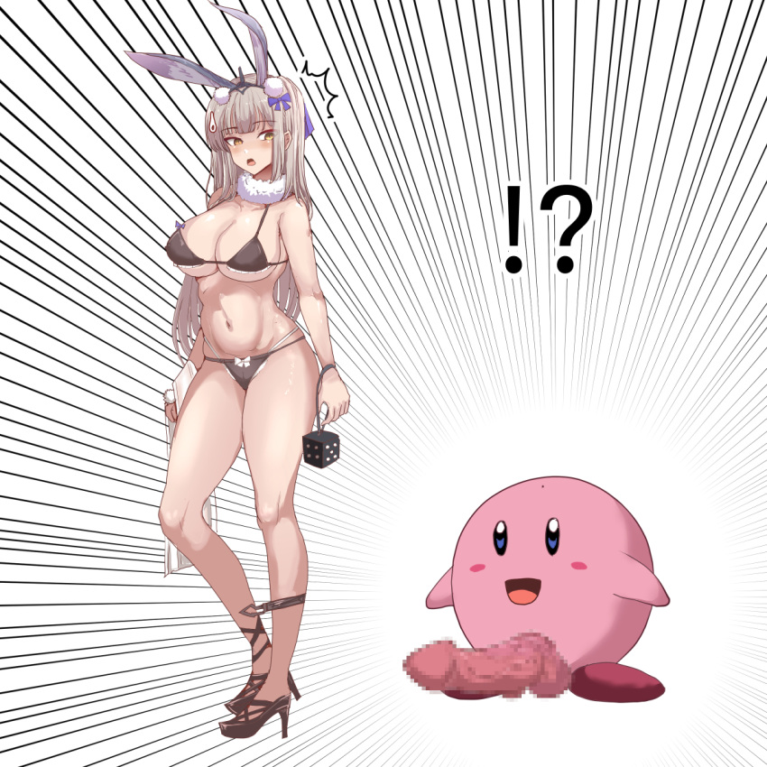 !? 1girl ^^^ animal_ears bikini black_bikini black_footwear blue_bow bow breasts censored cleavage closed_mouth commentary_request crossover emphasis_lines full_body grey_hair hair_bow high_heels highres holding_dice kaavi kirby kirby_(series) large_breasts long_hair looking_to_the_side mahjong_soul mosaic_censoring penis pun rabbit_ears rabbit_girl simple_background surprised sweatdrop swimsuit tataeroero what white_background