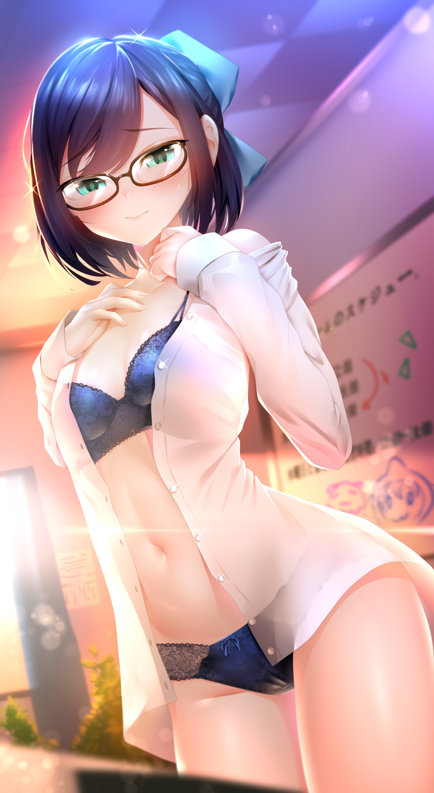 1girl a-chan_(hololive) absurdres blue_bow blue_bra blue_hair blue_panties blurry blurry_background blush bow bow_panties bra brown-framed_eyewear buttons commentary cowboy_shot depth_of_field english_commentary glasses glint green_eyes hair_bow hands_on_own_chest highres hololive indoors long_sleeves looking_at_viewer navel no_pants open_clothes open_shirt panties penis shirt short_hair small_penis solo stomach swept_bangs tsukimaru underwear virtual_youtuber white_shirt whiteboard