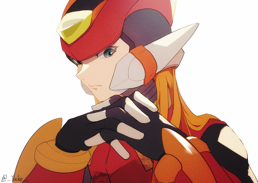 1boy armor black_eyes blonde_hair forehead_jewel highres long_hair looking_at_viewer mega_man_(series) mega_man_zero_(series) red_armor red_helmet simple_background solo twitter_username upper_body white_background yinke zero(z)_(mega_man) zero_(mega_man)