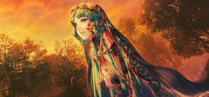 1girl arabian_clothes bare_shoulders blood blood_on_clothes blood_on_face braid breasts detached_sleeves fate/grand_order fate_(series) game_cg green_hair harem_outfit jewelry large_breasts long_hair low_twin_braids official_art parted_bangs purple_eyes salome_(fate) simosi smile solo twin_braids veil
