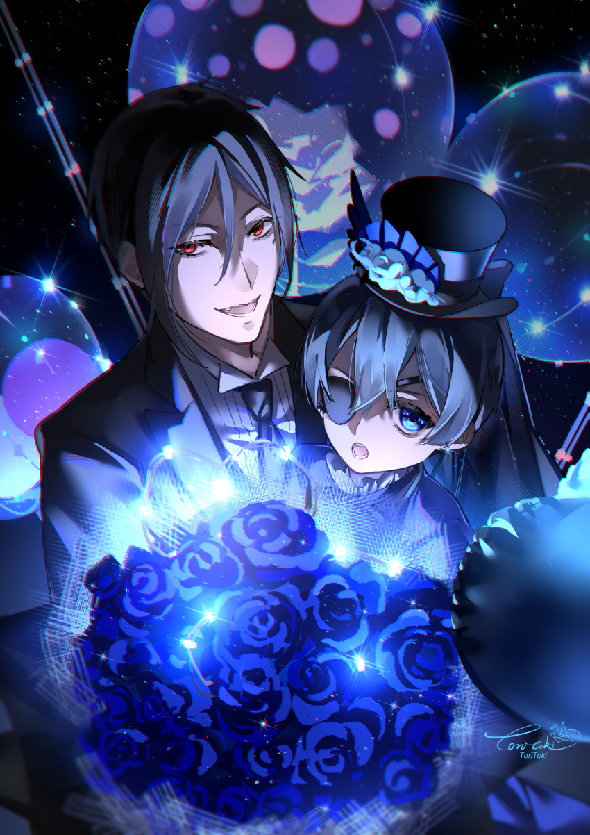 2boys :o absurdres artist_name bishounen black_hair black_hat black_jacket black_necktie blue_flower blue_hair blue_jacket blue_theme blue_trim ciel_phantomhive collared_shirt dark_blue_hair eyepatch flower glowing glowing_eyes hair_between_eyes hat hat_flower highres jacket kuroshitsuji light_particles male_focus multiple_boys necktie open_mouth red_eyes sebastian_michaelis shirt short_hair signature smile top_hat toritoki_(1301237579) victorian white_shirt