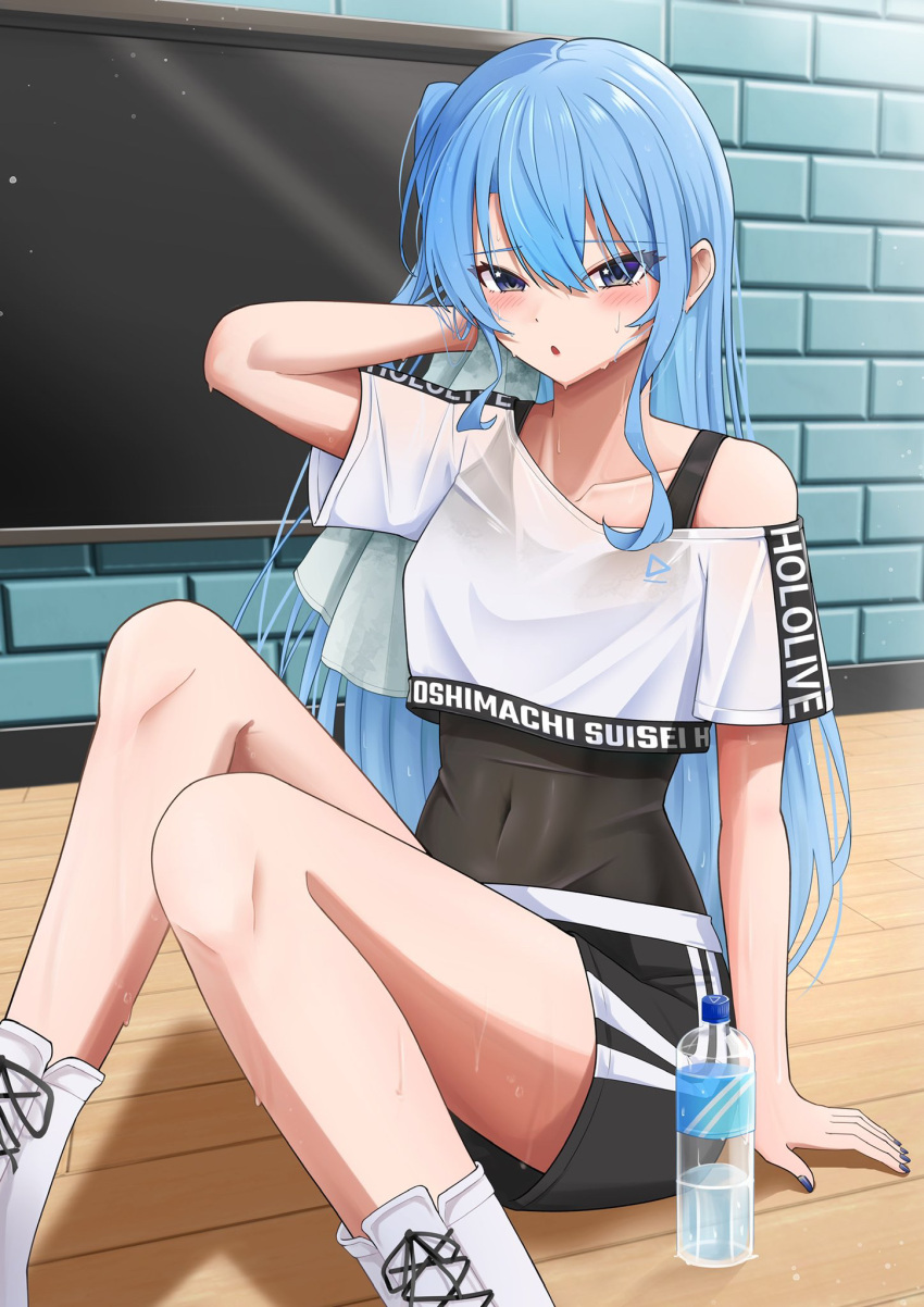 1girl black_shorts black_sports_bra blue_eyes blue_hair blush breasts character_name covered_navel crop_top crop_top_overhang cropped_shirt hair_between_eyes highres hiiragi_melt hololive hololive_dance_practice_uniform hoshimachi_suisei leotard leotard_under_clothes long_hair looking_at_viewer midriff official_alternate_costume open_mouth shirt shorts solo sports_bra sports_bra_peek star_(symbol) star_in_eye sweat symbol_in_eye virtual_youtuber white_shirt white_wristband workout_clothes