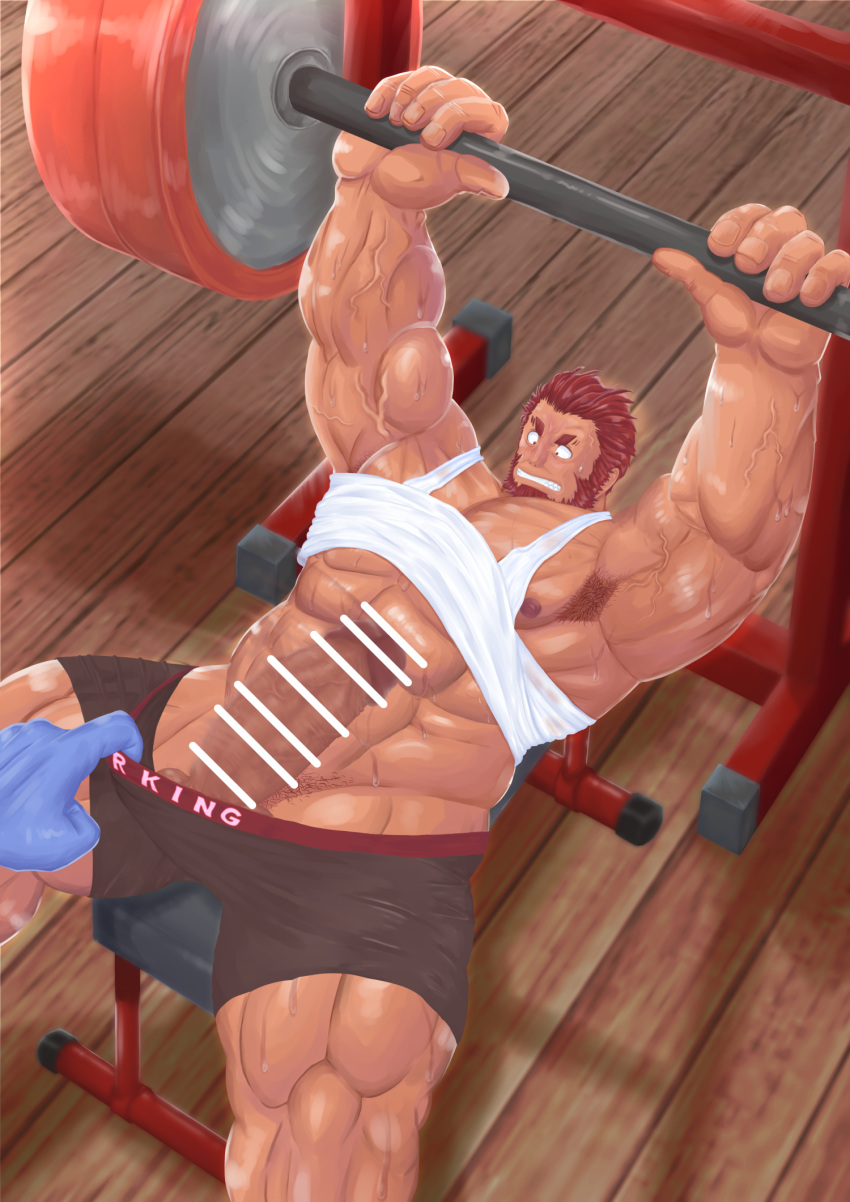 1boy armpit_hair armpits bar_censor bara barbell beard bench_press black_male_underwear boxers censored clothes_lift dark-skinned_male dark_skin disembodied_limb erection exercising facial_hair fate/zero fate_(series) from_above full_beard genta_iwayama girthy_penis highres huge_penis iskandar_(fate) large_pectorals lying male_focus male_underwear male_underwear_pull mature_male muscular muscular_male on_back pectorals penis red_eyes red_hair see-through shirt_lift short_hair solo_focus sweat sweaty_clothes tank_top thick_beard thick_navel_hair underwear veins veiny_arms very_sweaty weightlifting white_tank_top wide-eyed yaoi