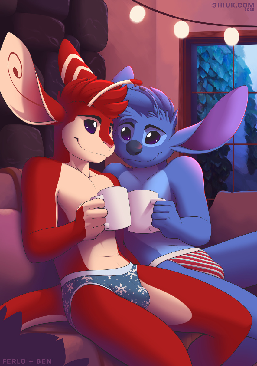 2023 absurd_res alien antennae_(anatomy) anthro ben300's_experiment biped blue_body blue_fur blue_nose briefs briefs_only bulge character_name clothed clothing dipstick_antennae disney duo experiment_(lilo_and_stitch) fan_character ferlo fur furniture hi_res holding_mug holding_object humanoid_hands inside lights lilo_and_stitch looking_at_another male mug multicolored_antennae multicolored_body multicolored_fur pattern_briefs pink_nose red_body red_fur shiuk sitting slim slim_anthro slim_male sofa stitch_(lilo_and_stitch) toasting topless two_tone_body two_tone_fur underwear underwear_only white_body white_fur window