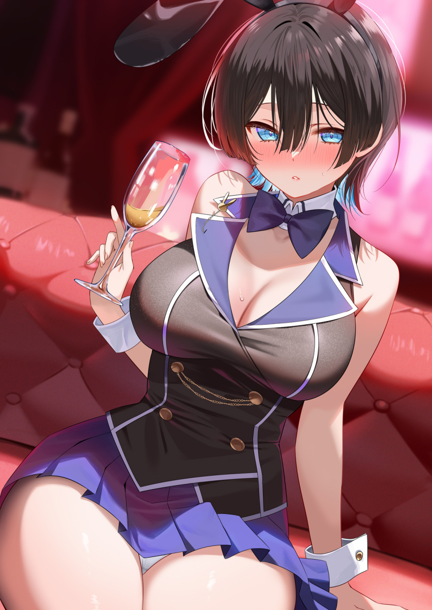 1girl animal_ears bare_arms bare_shoulders black_hair black_hairband blue_bow blue_bowtie blue_eyes blue_skirt blush bow bowtie breasts bunny_garden cleavage cup detached_collar fake_animal_ears hair_ornament hairband highres holding holding_cup indoors large_breasts miniskirt miuka_(bunny_garden) panties parted_lips piyopoyo playboy_bunny pleated_skirt rabbit_ears short_hair sitting skirt solo thighs underwear white_panties wrist_cuffs