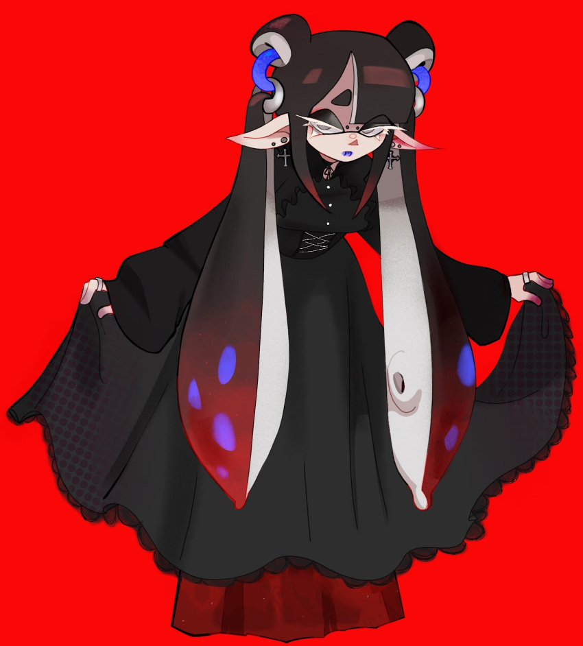 1girl black_dress black_hair blue_lips bowing cross cross_earrings dress ear_piercing earrings full_body gradient_hair grey_eyes highres jessika_(splatoon) jewelry long_hair long_sleeves looking_at_viewer multicolored_hair piercing pointy_ears red_background red_hair ring simple_background solo splatoon_(series) splatoon_3 standing suction_cups tentacle_hair tripledip twintails very_long_hair