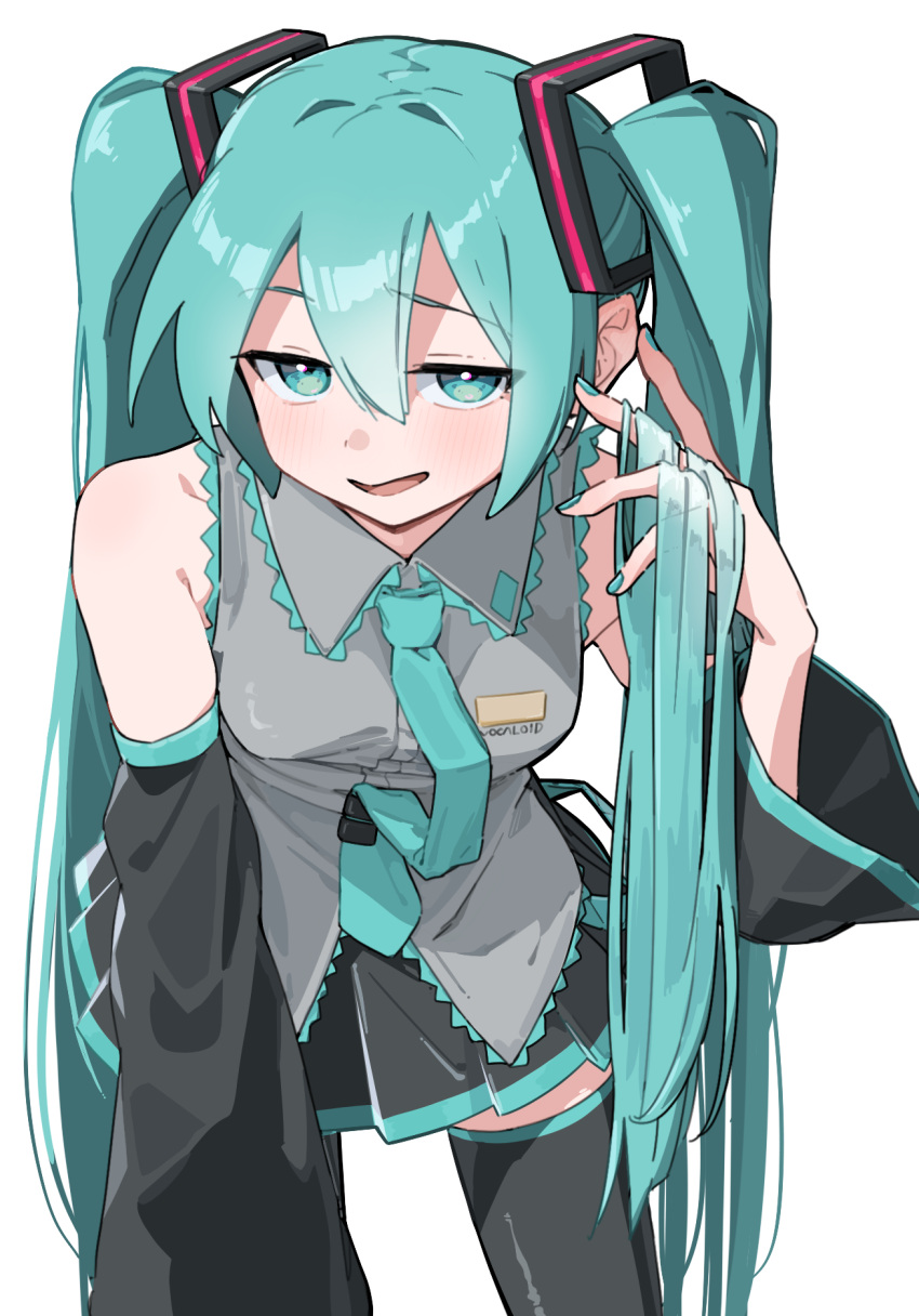 1girl :d bare_shoulders bent_over black_skirt blue_eyes blue_hair blue_nails blue_necktie blush boots breasts collared_shirt detached_sleeves frilled_shirt frills grey_shirt hair_between_eyes half-closed_eyes hand_up hatsune_miku highres holding_own_hair leaning_forward long_hair miniskirt nail_polish necktie pleated_skirt quraqura_nemii shirt skirt small_breasts smile smug solo thigh_boots twintails very_long_hair vocaloid wide_sleeves