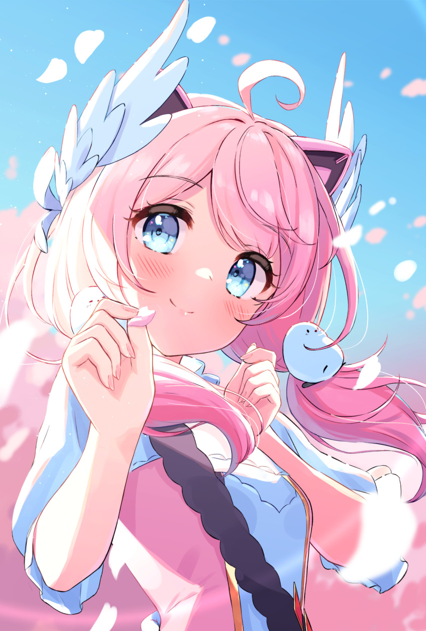 1girl ahoge animal_ears blue_eyes blue_sky blush breasts cat_ears cherry_blossoms closed_mouth day eyelashes fake_animal_ears falling_petals frilled_sleeves frills hair_ornament hair_wings hands_up highres holding holding_petal indie_virtual_youtuber long_hair looking_at_viewer low_twintails petals pink_hair saboten_mushi sakurada_hane sky small_breasts smile solo twintails upper_body white_sleeves wing_hair_ornament