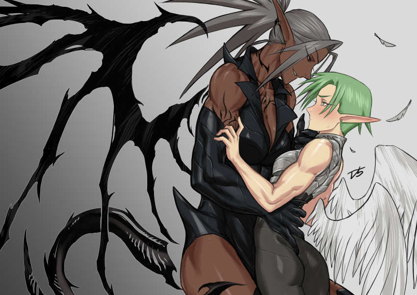 2girls absurdres angel_wings arm_tattoo armor ass bare_arms bare_shoulders black_gloves breastplate breasts celewen cleavage commentary dark-skinned_female dark_elf dark_skin demon_wings detached_wings drill_(emilio) earrings elbow_gloves elf feathers from_side gloves green_hair grey_background hand_on_another's_back height_difference highres interracial jewelry large_breasts long_hair long_pointy_ears looking_at_another multiple_girls muscular muscular_female neck_tattoo neytharone_(drill_(emilio)) original parted_lips pointy_ears ponytail profile red_eyes short_hair simple_background smirk stud_earrings tail tattoo wings yellow_eyes yuri