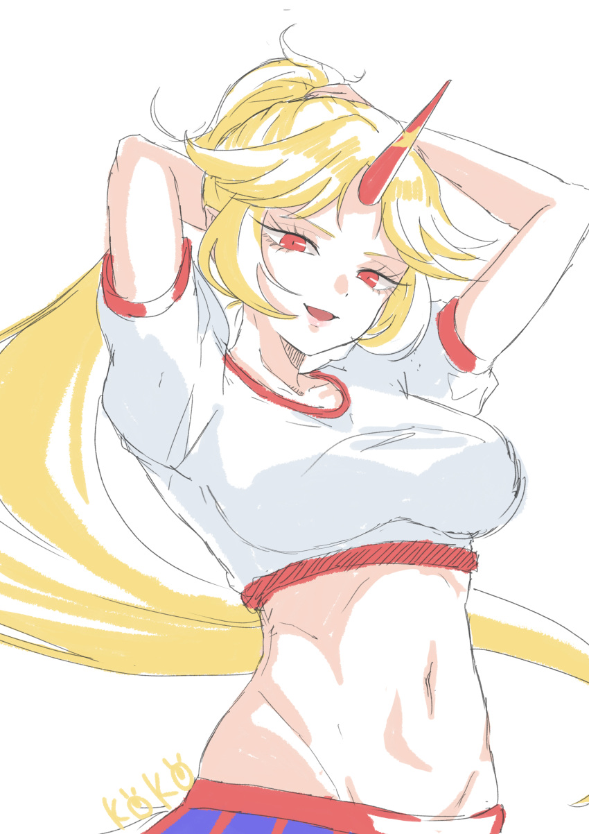 0002koko 1girl :d absurdres arms_behind_head arms_up blonde_hair blush_stickers breasts commentary_request crop_top demon_girl demon_horns eyelashes floating_hair highres horns hoshiguma_yuugi large_breasts long_hair looking_at_viewer looking_down navel open_mouth parted_bangs ponytail red_eyes shirt simple_background smile solo touhou tsurime upper_body very_long_hair white_background white_shirt