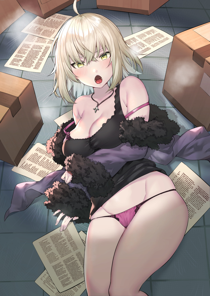 1girl absurdres ahoge black_dress blonde_hair box bra breasts cardboard_box cleavage commentary_request cover cover_page dress fate/grand_order fate_(series) fur_trim highres itohana jeanne_d'arc_alter_(fate) jeanne_d'arc_alter_(ver._shinjuku_1999)_(fate) lace lace-trimmed_bra lace-trimmed_panties lace_trim large_breasts lowleg lowleg_panties official_alternate_costume on_floor open_mouth pages panties paper pink_bra pink_panties short_hair solo tank_top tile_floor tiles underwear yellow_eyes